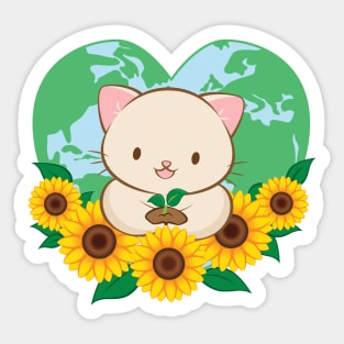 Love Our Planet Cute White Cat and Sunflowers Kawaii Earth Day Sticker